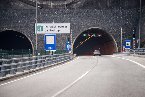 Tunnel entrance. Tunel do Marão is a road tunnel located in Portugal that connects Amarante to Vila Real, crossing the Serra do Marão.