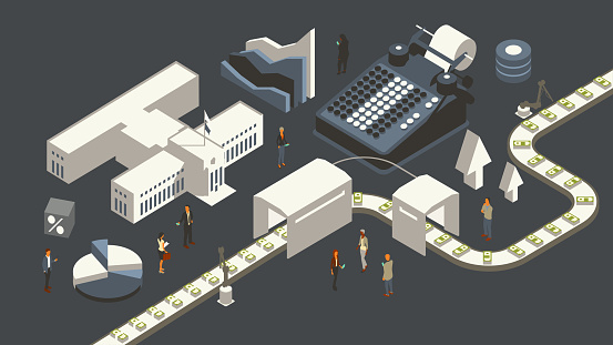 Detailed concept illustration of the Federal Reserve of the United States includes a stylized rendering of the Federal Reserve Board Building in Washington DC, along with 3D data visualizations, up arrows, a cube with a percent symbol, an oversized adding machine, a conveyor belt with bundles of cash, and eight people dressed in business clothing conducing the work of the Fed. Isometric conceptual art created using a limited palette of flat colors, over a dark gray background, in a 16x9 artboard.