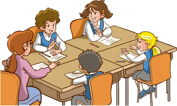 Vector illustration of Vector Illustration of Children Education.students doing group work.students studying with the teacher in the classroom cartoon vector
