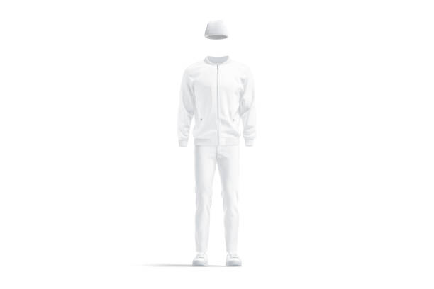 istock Blank white bomber, beanie, sweatpants and sneakers mockup, front view 1479689577