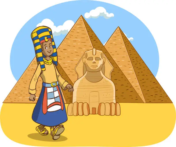 Vector illustration of ancient egyptian boy and pyramids cartoon vector