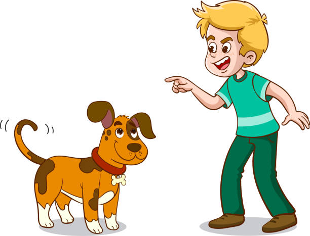 犬に向かって叫ぶ怒った子供 - pets problems conflict humor点のイラスト素材／クリップアート素材／マンガ素材／アイコン素材