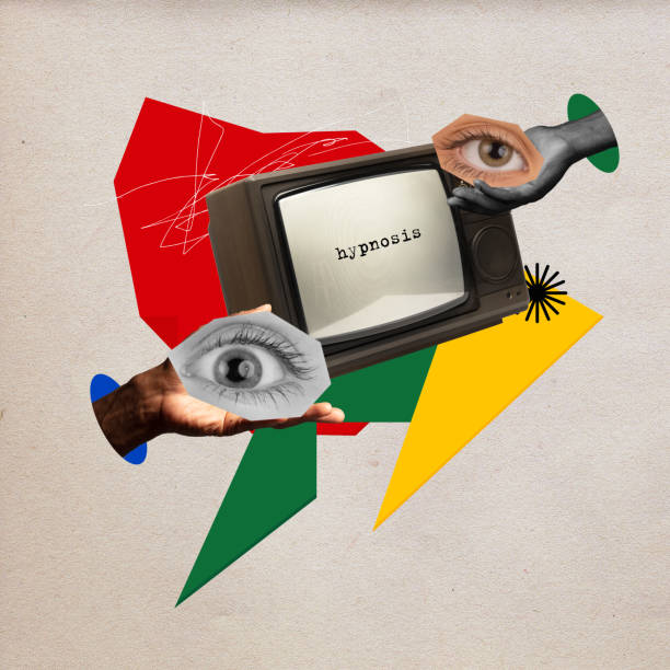 TV programmes making influence on people. Social media manipulation and control over human. Contemporary art collage. Creative design