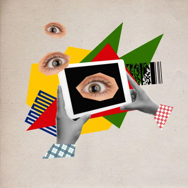 Photo of Human eyes looking at tablet, checking social media news, information. Contemporary art collage. Creative design