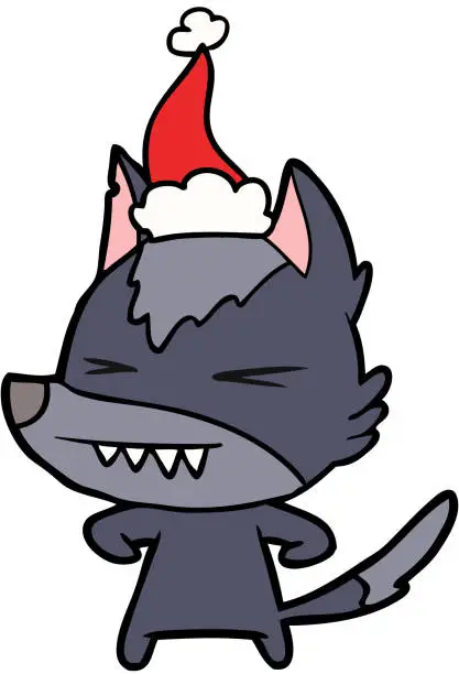 Vector illustration of angry wolf hand drawn line drawing of a wearing santa hat