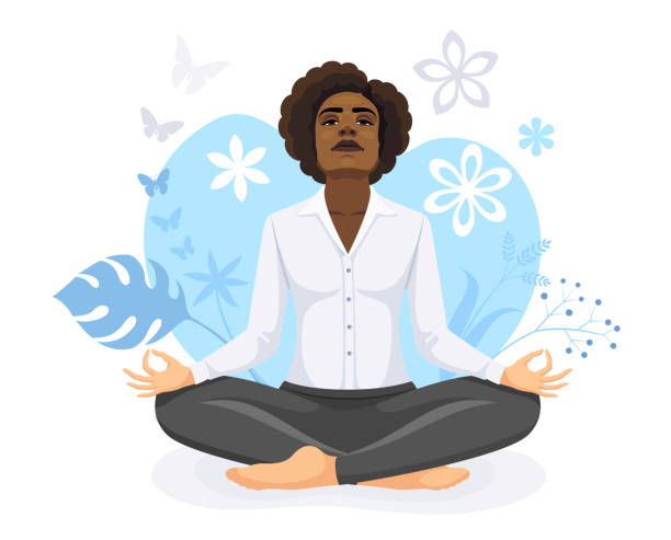 illustrations, cliparts, dessins animés et icônes de méditer une femme afro-am�éricaine regardant le ciel bleu. illustration du concept de méditation. - exercising motivation looking up african descent