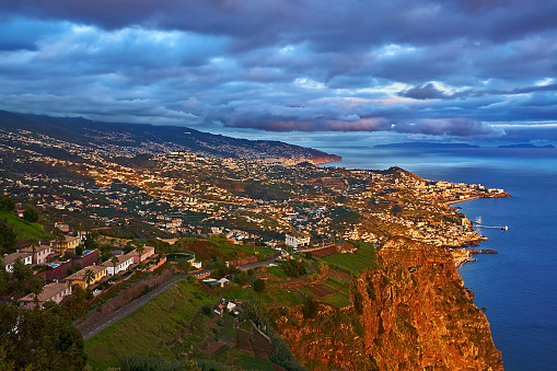 Funchal, Portugal - November 22, 2022: View of Funchal Bay at sunset from Cabo do Girao.