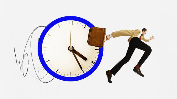 istock Disproportionate style in art collage with man, worker wearing suit and running to workplace over white background. 1479692271