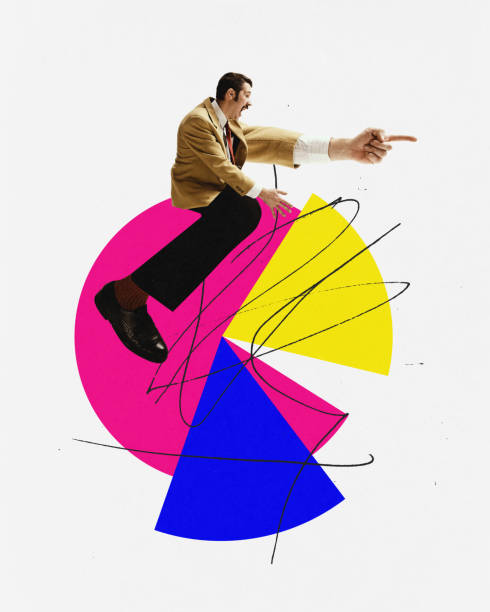 istock Contemporary art collage with motivated worker sitting on abstract figures and pointing forward with hand over white background. 1479692282
