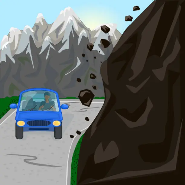 Vector illustration of Rock fall on road. Mountain landslide with slide rocks and car on roadway.