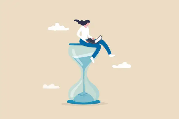 Vector illustration of Working with time count down, project deadline or time management, urgent work, productivity or work efficiency concept, businesswoman working with computer laptop on time passing sandglass.