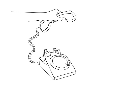 continuous single line drawing of hand picking up receiver of rotary dial telephone, line art vector illustration