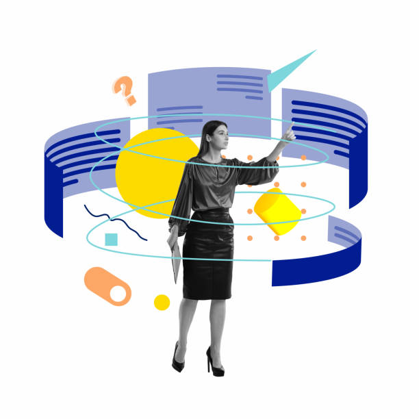 Multitasking. Business woman, project manager checking information on digital screen. Launching startup. Conceptual design. Contemporary art collage.