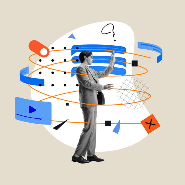 Young mbitious male employee working with startup on digital screen. IT department, programming. Conceptual design. Contemporary art collage.