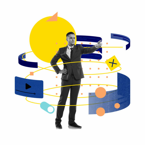 istock Businessman working with digital screen, checking information and planning. Innovations. Conceptual design. Contemporary art collage. 1479696990