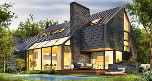 istock Evening view of the house in a modern style 1479697330