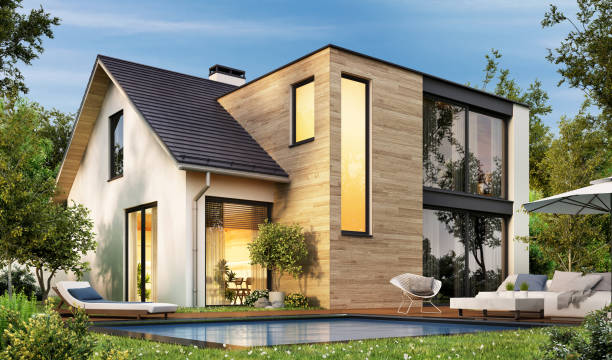 istock Modern house with patio and pool 1479697345