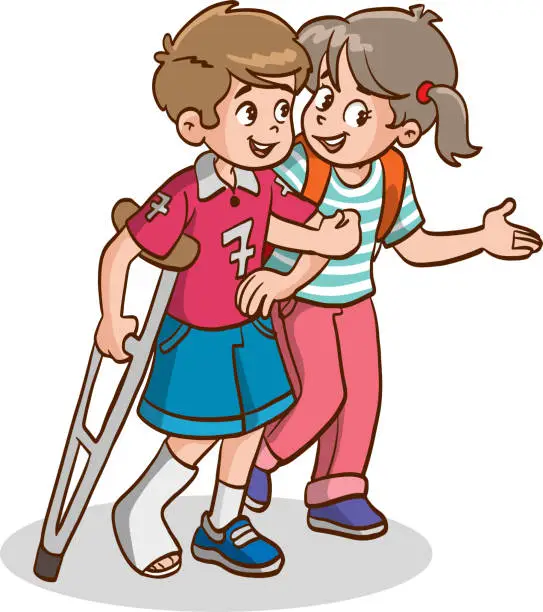 Vector illustration of children Supporting Friend with Injured Leg, Friendship and Support, Disabled Person Enjoying Full Life Vector Illusion