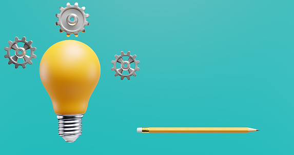 Light bulb gears pencil. Ideas solution innovation brainstorming. 3d rendering