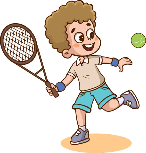 Vector illustration of vector illustration of happy cute boy playing tennis