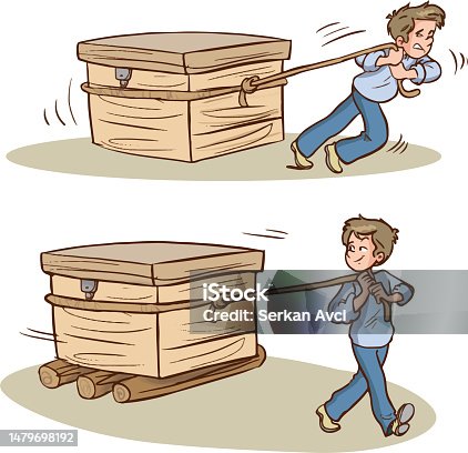 istock Push and pull. Science lesson. Force and motion. Kids pulling boxes. 1479698192