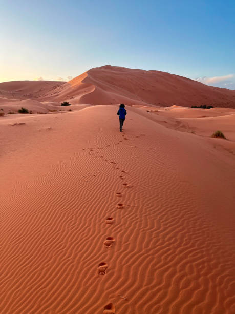 サハラ砂漠の砂丘、メルズーガ砂漠。砂丘の上を歩く女の子。 靴のプリント。モロッコ - desert landscape morocco sand dune ストックフォトと画像