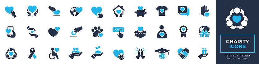 Charity icons set. Containing donate, caring, kindness, volunteer, animal care and more solid icons collection. Vector illustration. For website, marketing materials, design, logo, app, template, ui, interfaces, layouts etc.