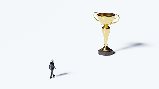 Aerial view of the black figure of a businessman walking to the golden winners cup, abstract cityscape on the backdrop. Career concept.