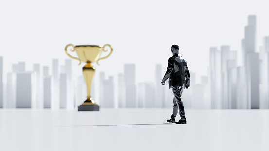 Black figure of a businessman walking to the golden winners cup, abstract cityscape on the backdrop. Career concept.