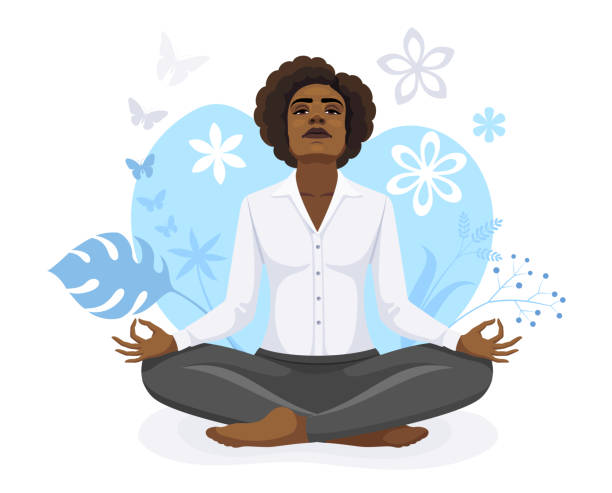 медитирующая афроамериканка смотрит на голубое небо. иллюстрация концепции медитации. - yoga women emotional stress praying stock illustrations