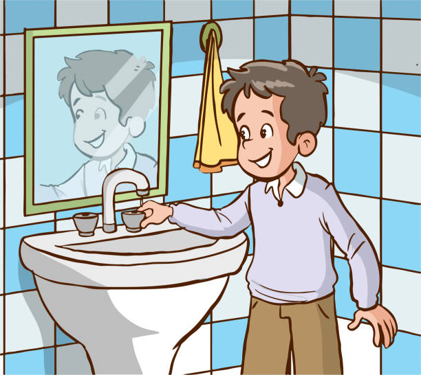 junge, der den wasserhahn im badezimmerkarikaturvektor zudreht - hände wasser wasserhahn kinder lachen stock-grafiken, -clipart, -cartoons und -symbole