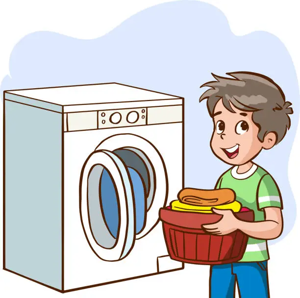 Vector illustration of boy washing clothes in the washing machine cartoon vector