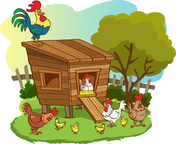 Vector illustration of Henhouse with cute hens, chicks and rooster in summer landscape vector illustration cartoon style