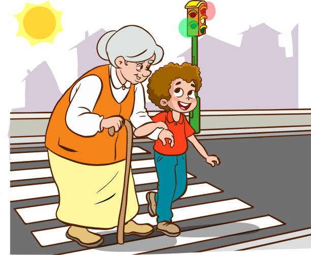 老婆を助ける子ども。横断歩道の漫画のベクター画像を歩く老婆と子ども - pedestrian senior adult street crossing点のイラスト素材／クリップアート素材／マンガ素材／アイコン素材