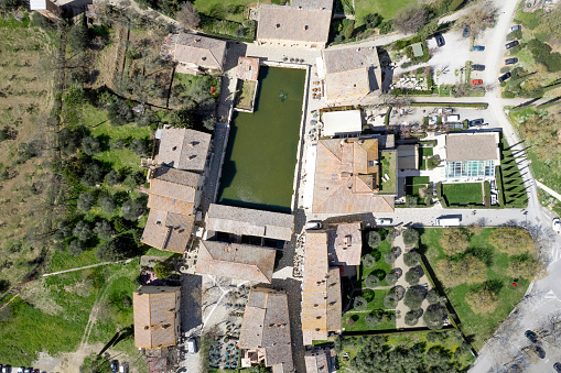 Aerial photographic documentation of the ancient village of Bagno Vignoni in Tuscany Italy