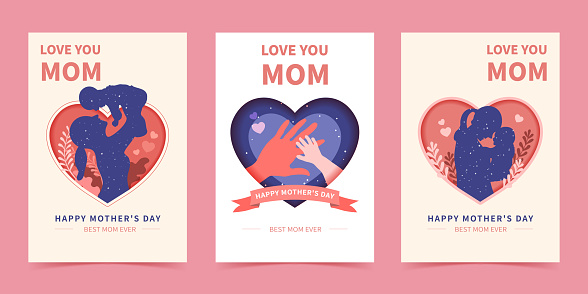 Vector set of Mother's day poster design template in paper cut style. Mother and her child in the heart shape frame with floral elements.