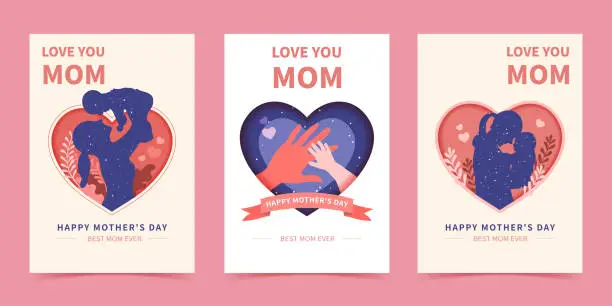 Vector illustration of Vector set of Mother's day poster design template in paper cut style. Mother and her child in the heart shape frame with floral elements.