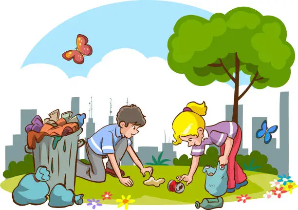 Vector illustration of children cleaning the environment from garbage cartoon vector