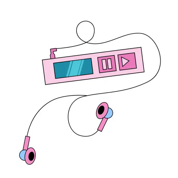 Vector illustration of Retro mp3 little music player with headphones, Y2K collection object, sticker, portable music player.