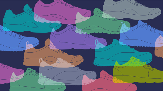 Colourful silhouettes of sport shoes, sneakers or trainers. Sportswear, running shoes, shoe, footwear, sneakers, sport shoes, track shoes, Running, Exercising, Sports Training, Relaxation, Active Lifestyle,