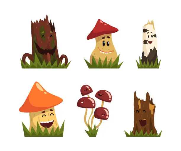 Vector illustration of Funny Mushroom and Tree Stump Characters with Smiling Faces Growing on Grass Vector Set