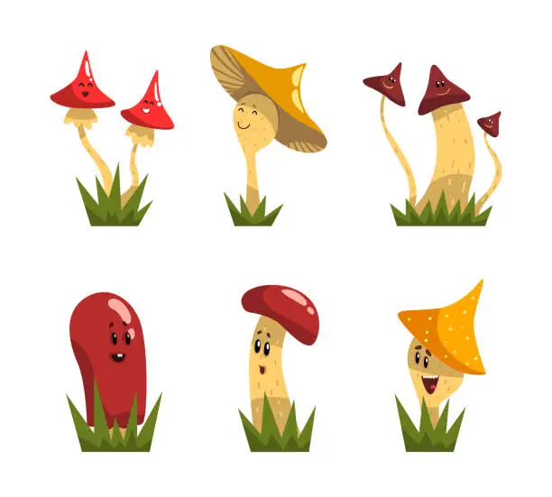 Vector illustration of Funny Mushroom Characters with Smiling Faces Growing on Grass Vector Set