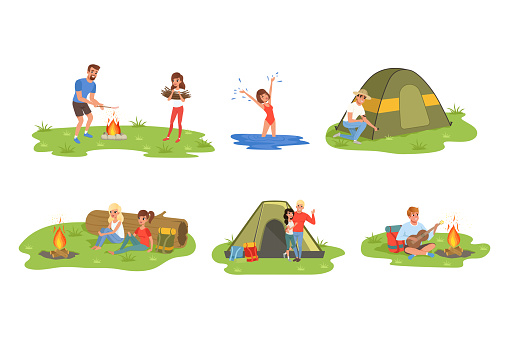 Young Man and Woman Enjoying Camping Activity Frying Sausage, Putting Up Tent, Splashing in Water, Playing Guitar Near Bonfire Vector Set. Happy Male and Female Engaged in Outdoor Adventure and Summer Tourism Concept