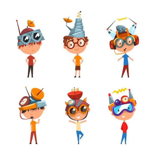 Vector illustration of Boys Character in Steampunk Headgear with Satellite and Antenna Vector Set