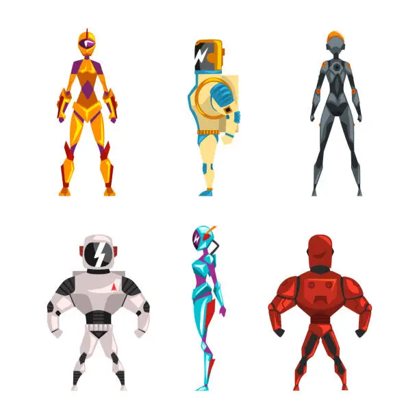 Vector illustration of Robot Superhero Figures in Helmet and Armored Costume Vector Set