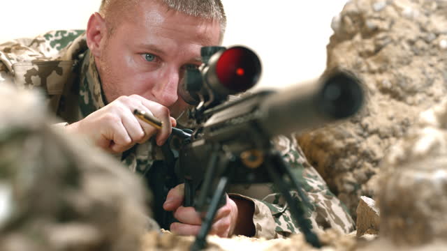 SLO MO LD Sniper ejecting an empty shell after shooting his rifle