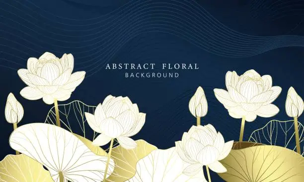 Vector illustration of Lotus luxury hand drawn botanical leaves line art background
