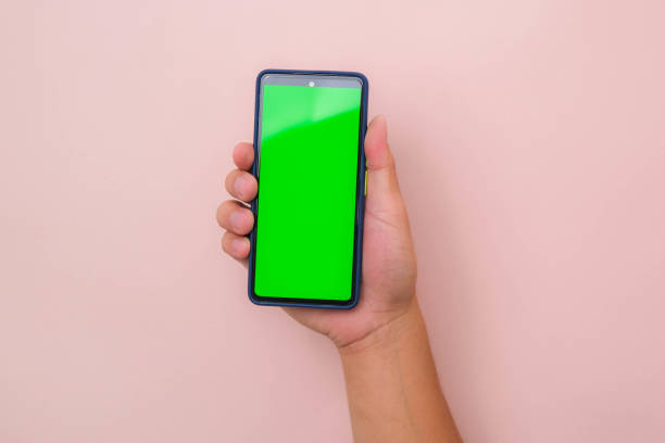 istock Human hand holding mobile smartphone with green screen in vertical position isolated on pink background. 1479715826