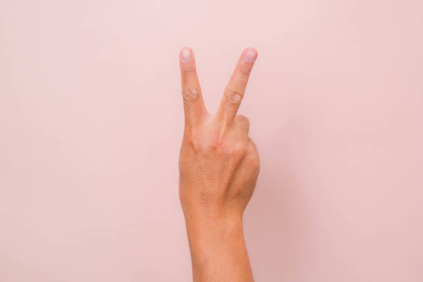 istock Hand showing two fingers gesture (peace sign) isolated on pink background. 1479715968