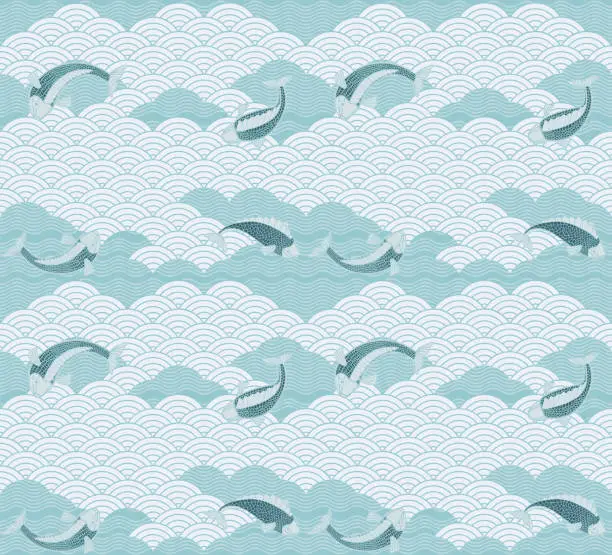 Vector illustration of Japanese waves with goldfish on a light blue background.